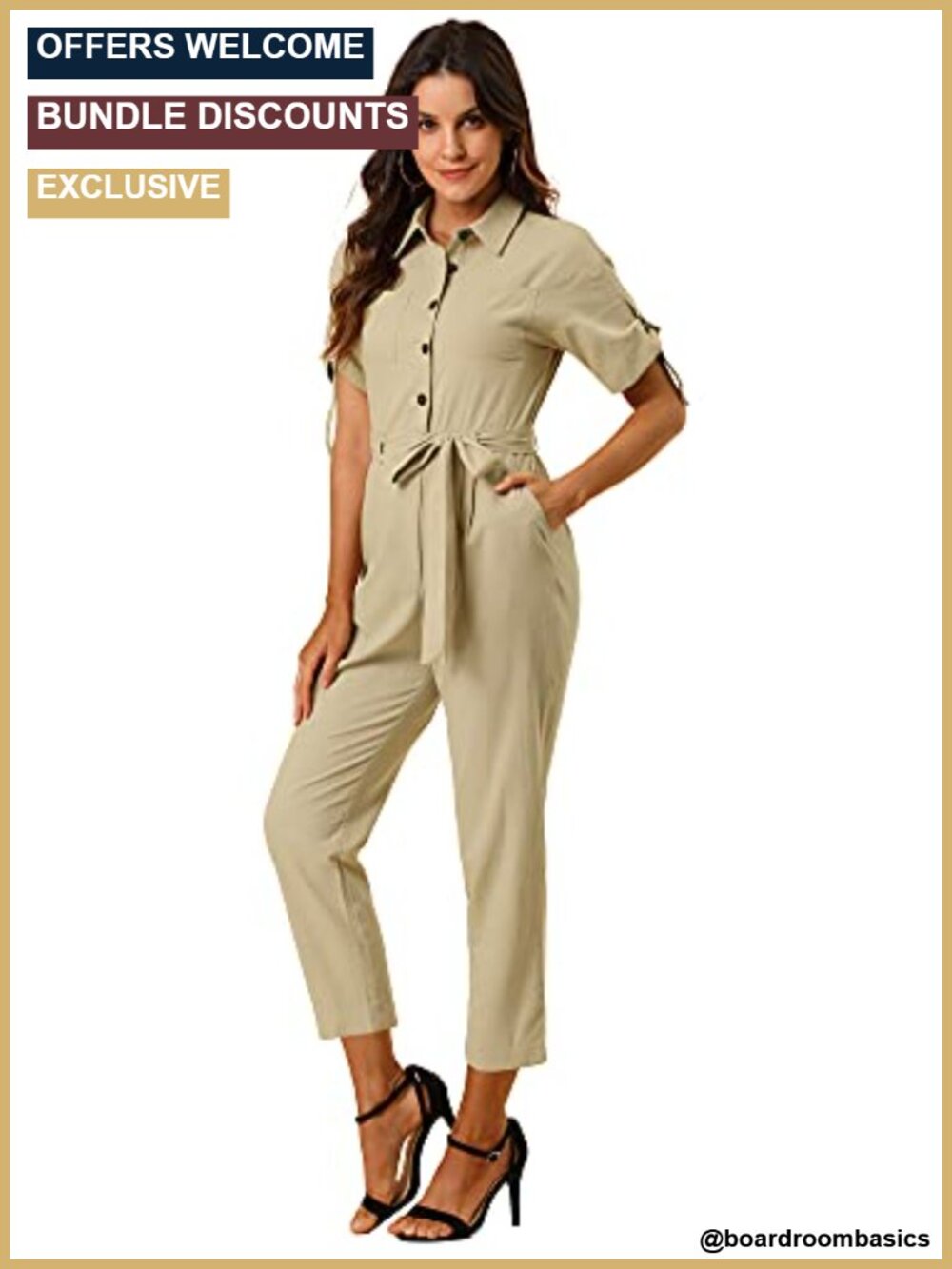 Women's Short Sleeve Collared Tie Waist Cargo Jumpsuit Wide Leg